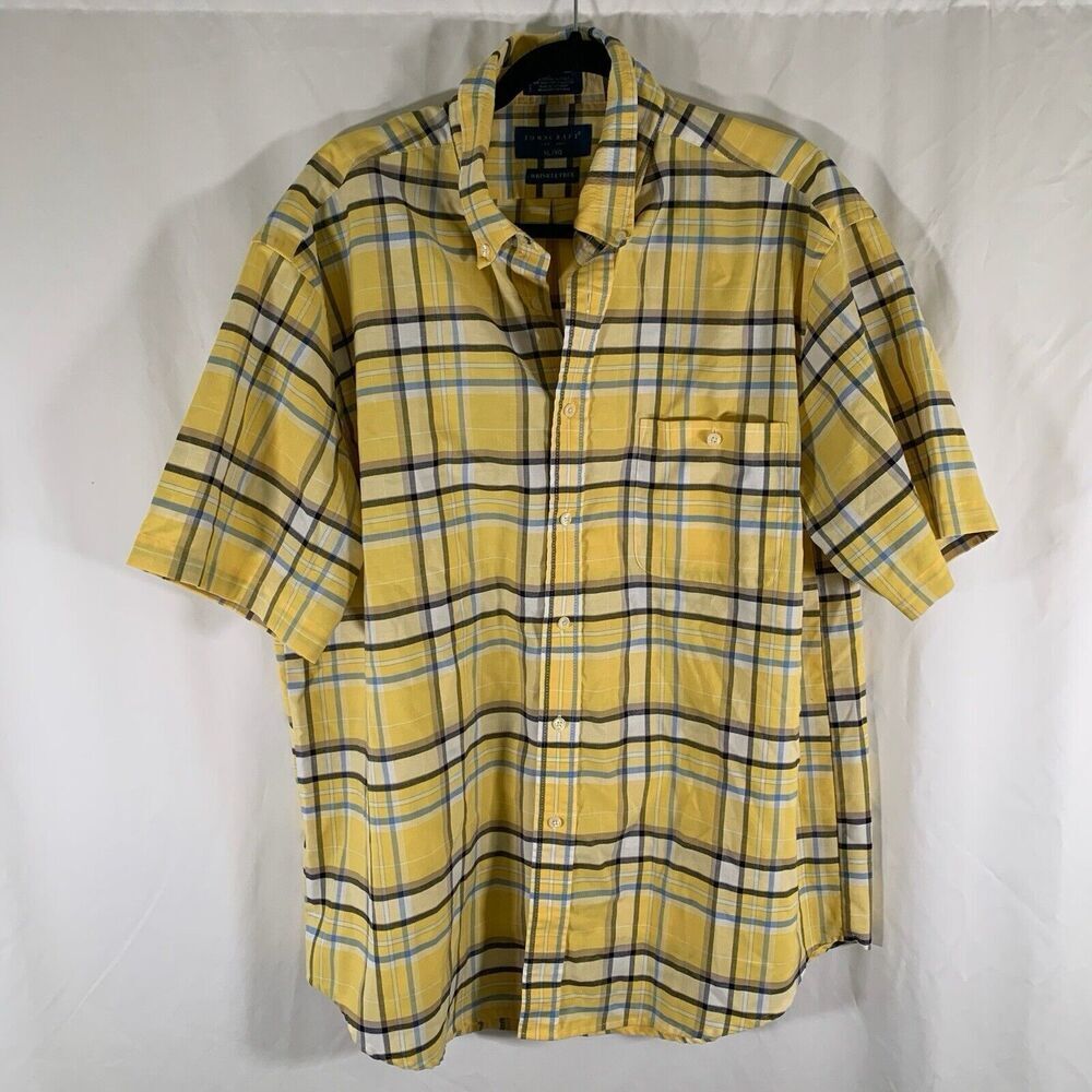 Towncraft Shirt Men's XL Yellow Plaid Button Up Short Sleeve Wrinkle Free Cotton